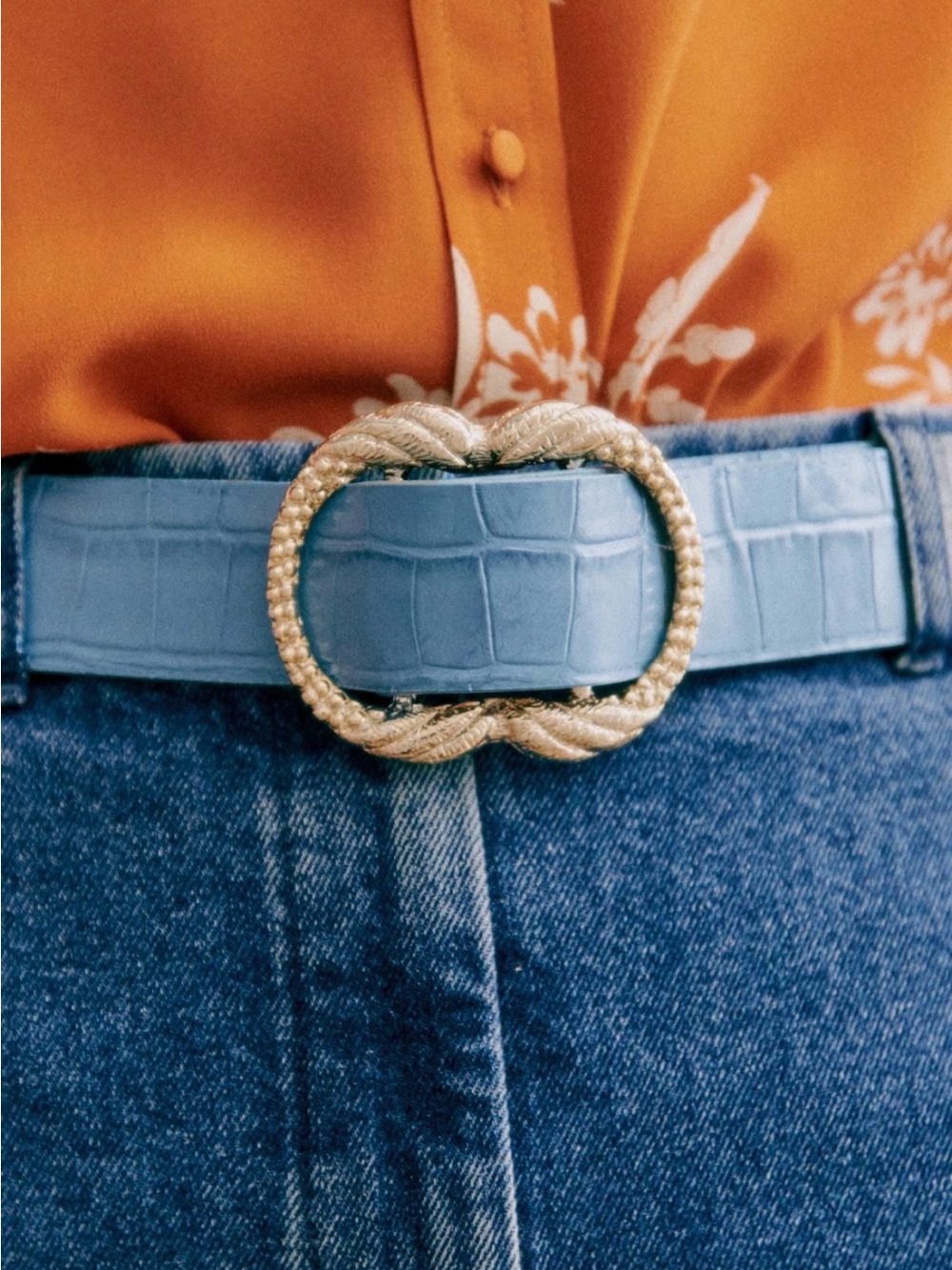 Sezane Artemis Belt in Blue with Gold Twisted Buckle